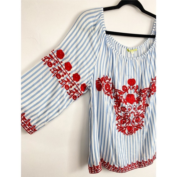 Gianni Bini Embroidered Peasant Blouse L Blue Boho Off the Shoulder Stripe Beach - Picture 6 of 9